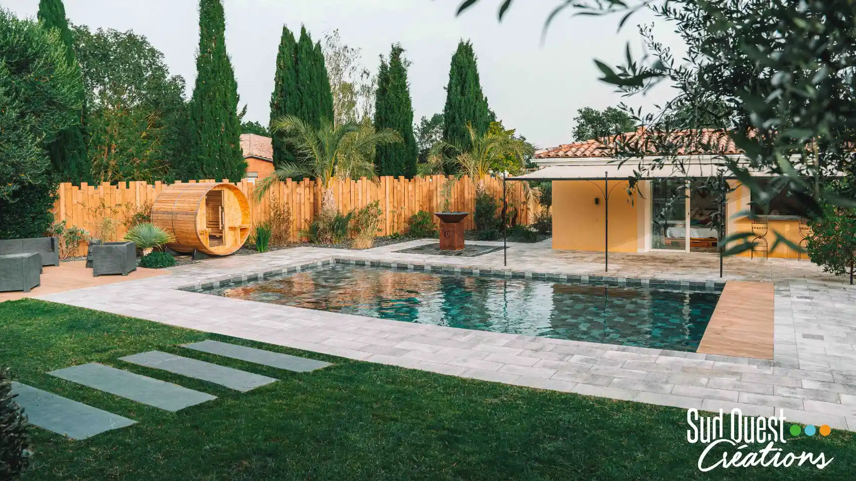 Piscine familiale sécurisée dans un jardin de lotissement à Seysses