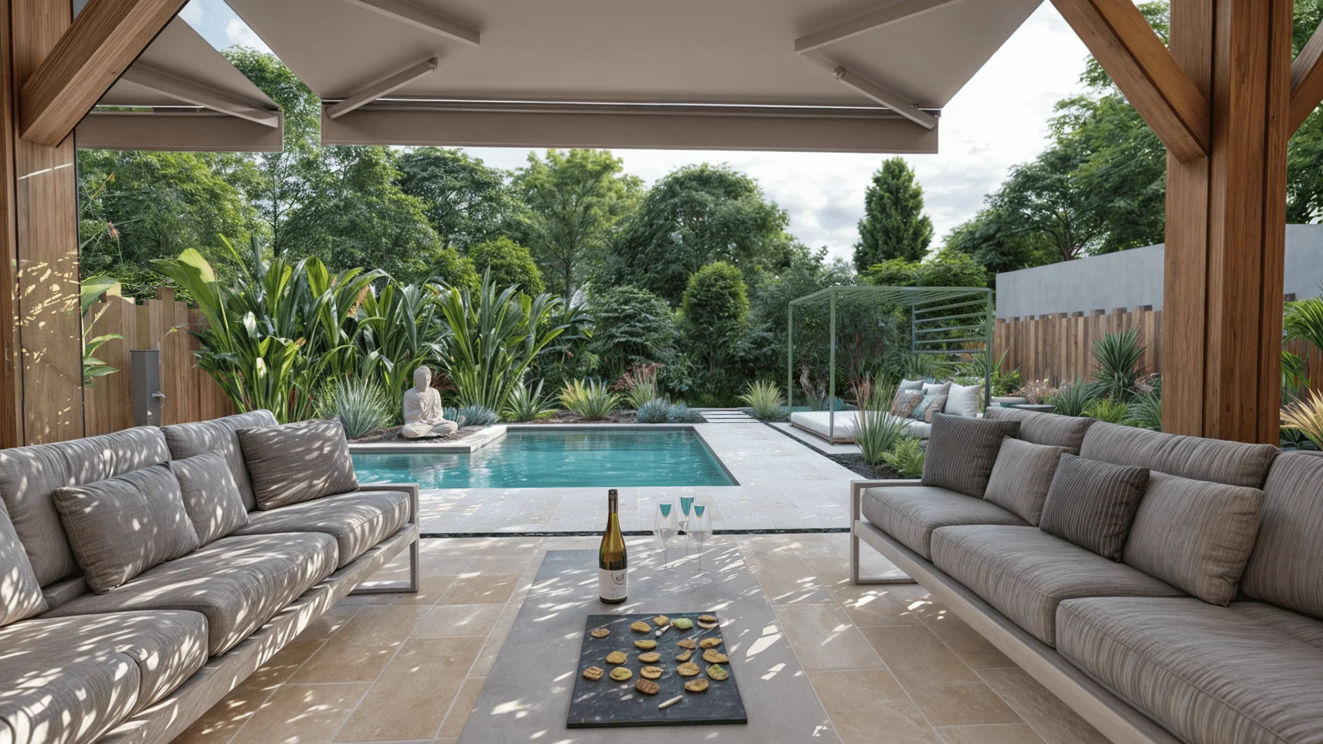 Rendu 3D photo-réaliste d'un salon de jardin sous charpente bois, avec dallage en travertin, piscine et ambiance végétale balinaise.
