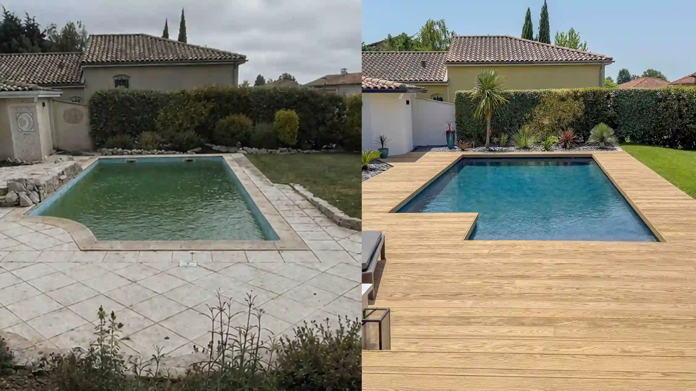 Image de comparaison avant-après d'une rénovation de piscine et aménagement de jardin. À gauche : vieille piscine vide et jardin herbeux désordonné. À droite : la même piscine rénovée, pleine d'eau propre, avec une grande terrasse en bois et un aménagement paysager méditerranéen contemporain. Réalisation par Sud Ouest Créations à Toulouse.