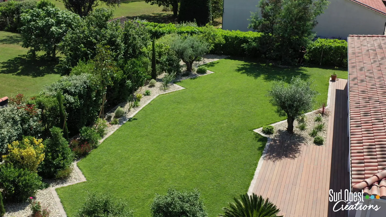 Création de jardin avec pelouse, oliviers et massifs minéraux bordés, près de Toulouse