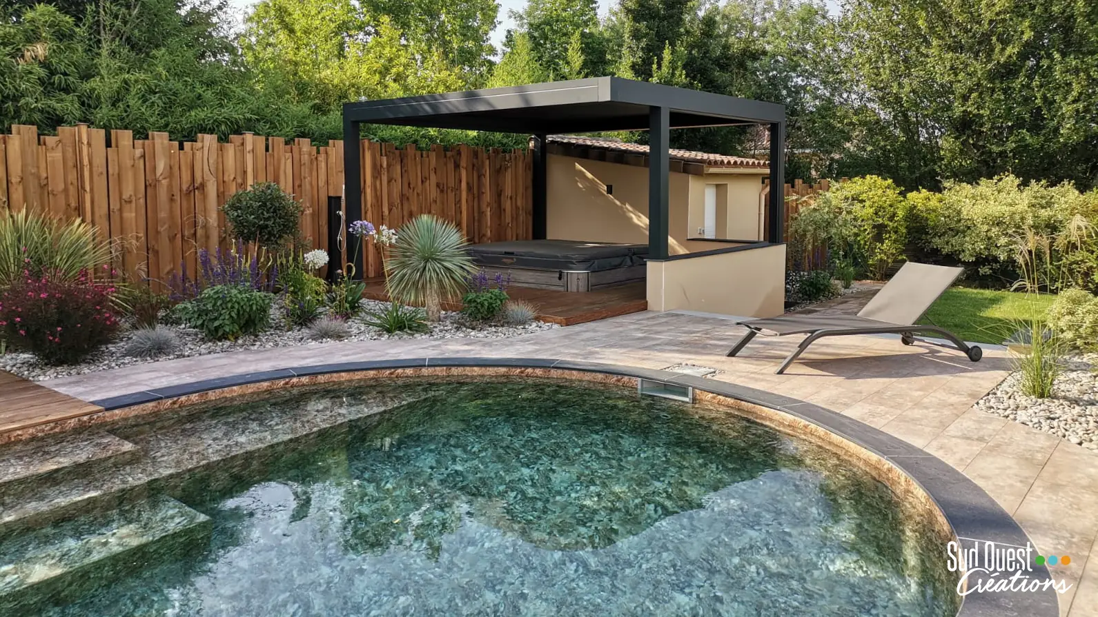Pergola bioclimatique abritant un spa encastré au bord de la piscine