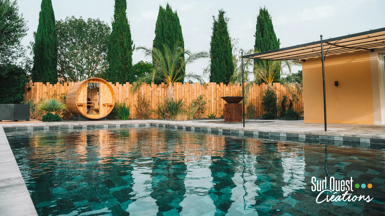 Piscine aux reflets de cyprès, sauna tonneau et brasero en corten