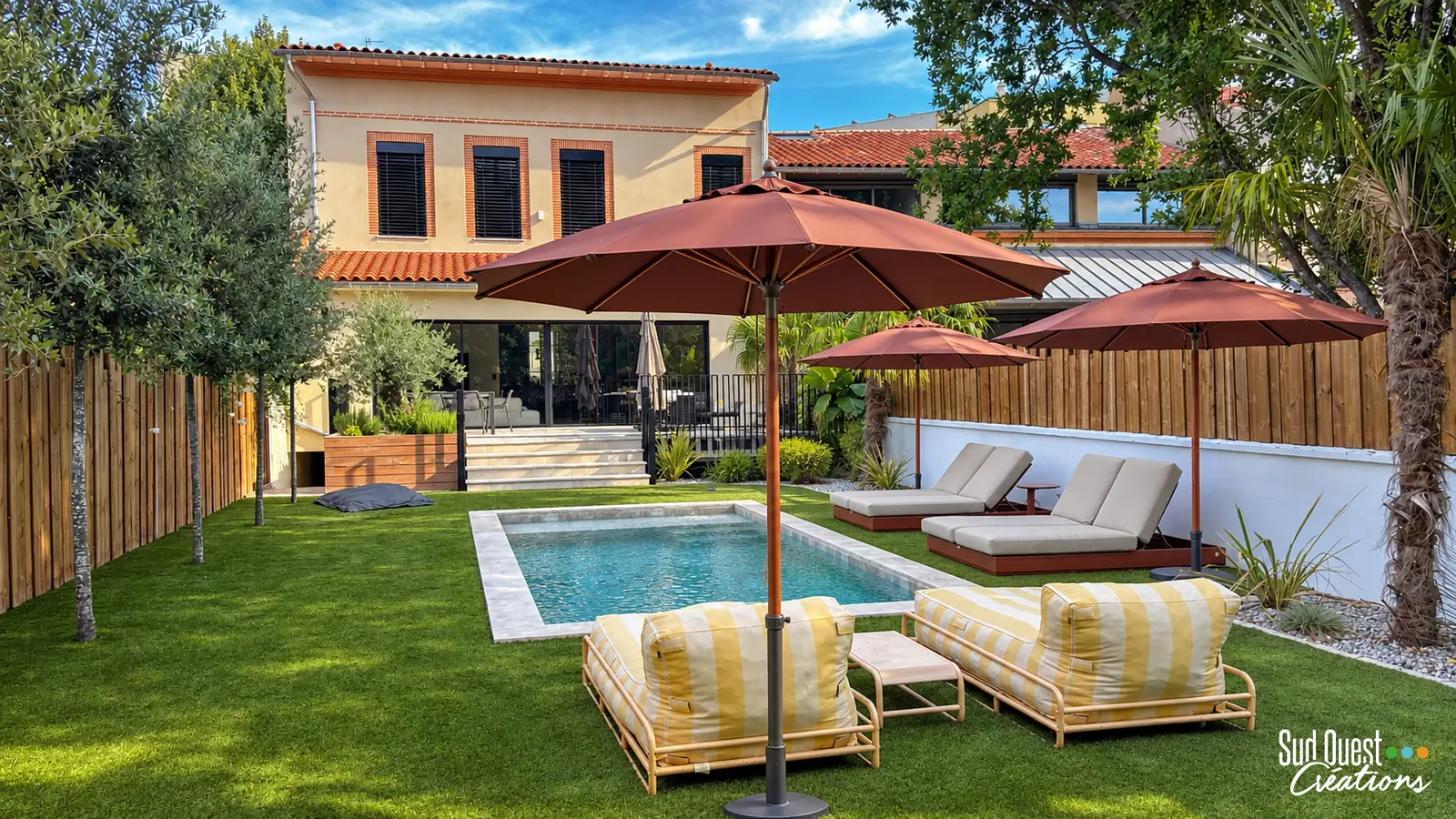 Terrasse en pierre avec escalier, jardinière en bois et olivier devant une maison toulousaine